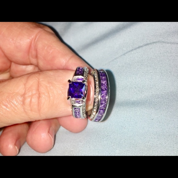 Amethyst Wedding Ring Set Sterling Silver Plated stamped .925 - Picture 4 of 7